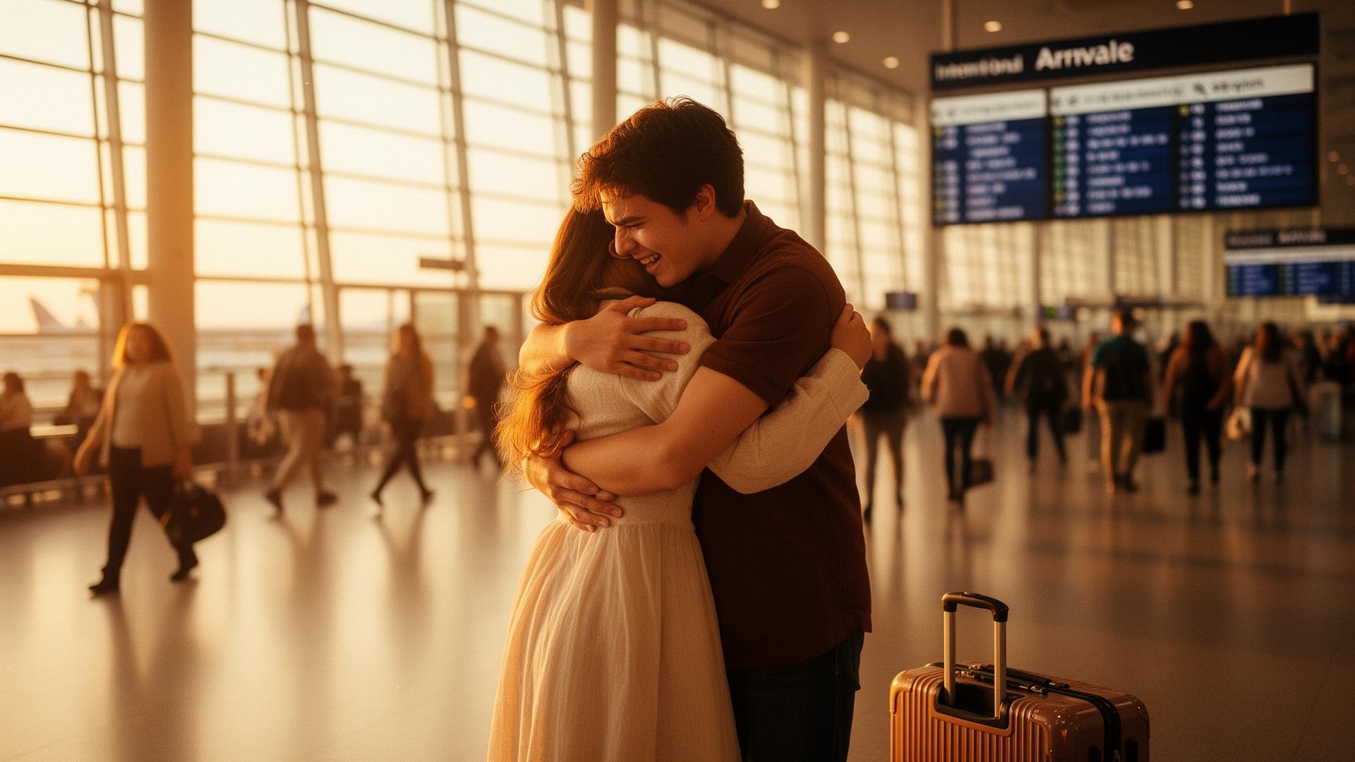 Pareja reencontrándose en el aeropuerto después de una relación a distancia